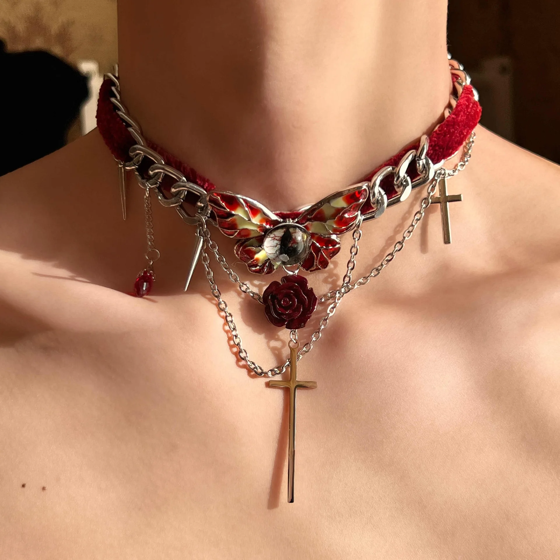 Gothic Butterfly Cross Red Velvet Choker Necklace Street Y2K Cool Niche Clavicle Chain Versatile Men Women Neck Chain Jewelry