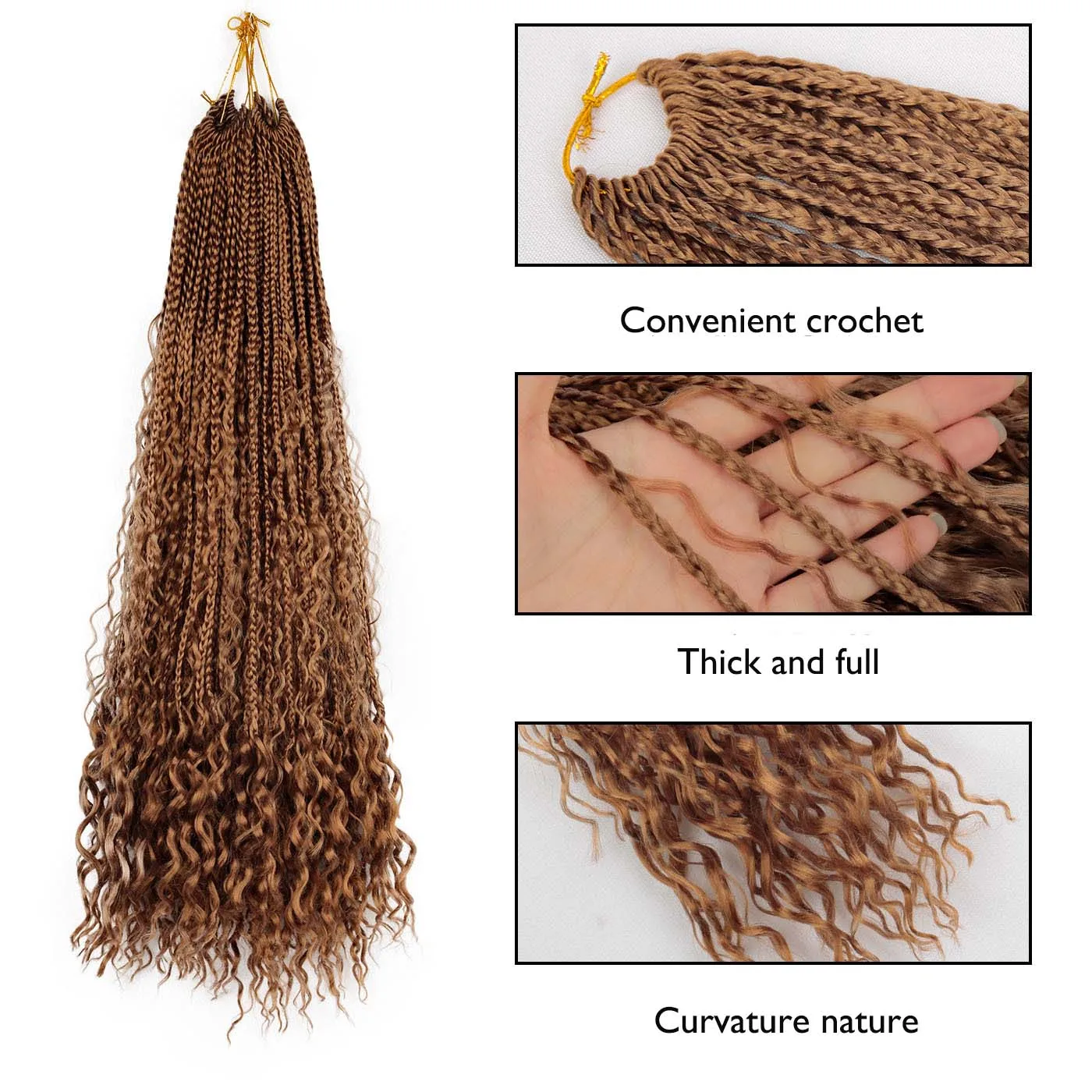 1pack/24pcs Goddess Box Braids Crochet Hair For Women 26 Inch Long Ombre Brown Pre-Looped Bohemian Curly Synthetic Braids Hair