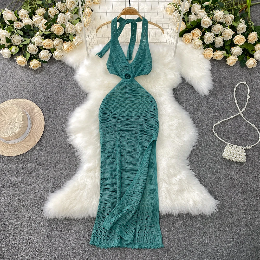 Frauen Tropical Gestrickte Split Kleid Ethnische Böhmische Bikini Abdeckungen Aushöhlen Vintage Strand Neckholder Bandage Hotsweet Sheer Kleider