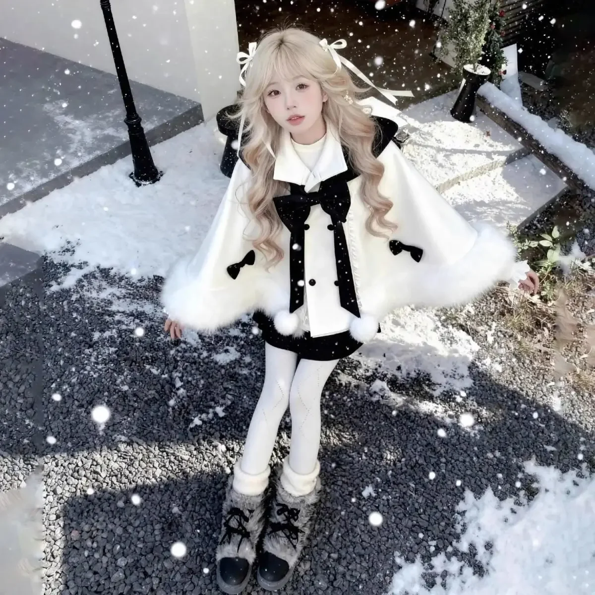 IMU 2025 Winter Sweet Kawaii Elegant 3 Piece Set Women Design Rabbit Ear Cloak Coat +Chic Strap Skirts Female Princess Retro Out