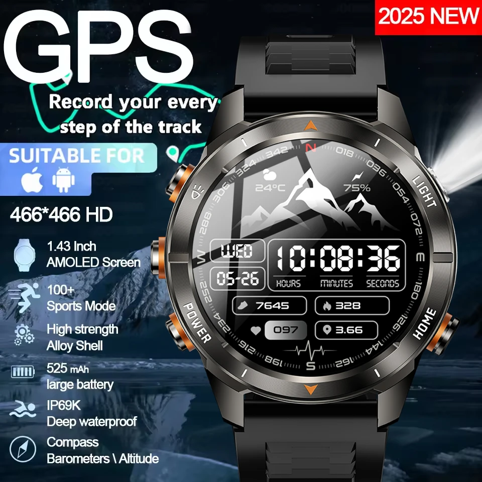 

2026 New Outdoor Sports Smartwatch Men GPS Track 515mAh HD Call 1.56-inch AMOLED Screen Compass 5ATM Waterproof Watch Man