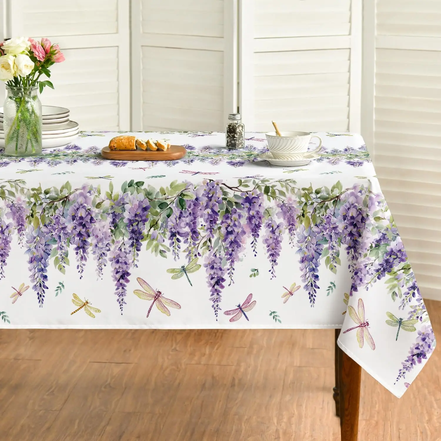 Spring Lavender Eucalyptus Leaves Dragonfly Rectangle Tablecloth Table Decor Reusable Kitchen Dining Tablecloth Party Decor