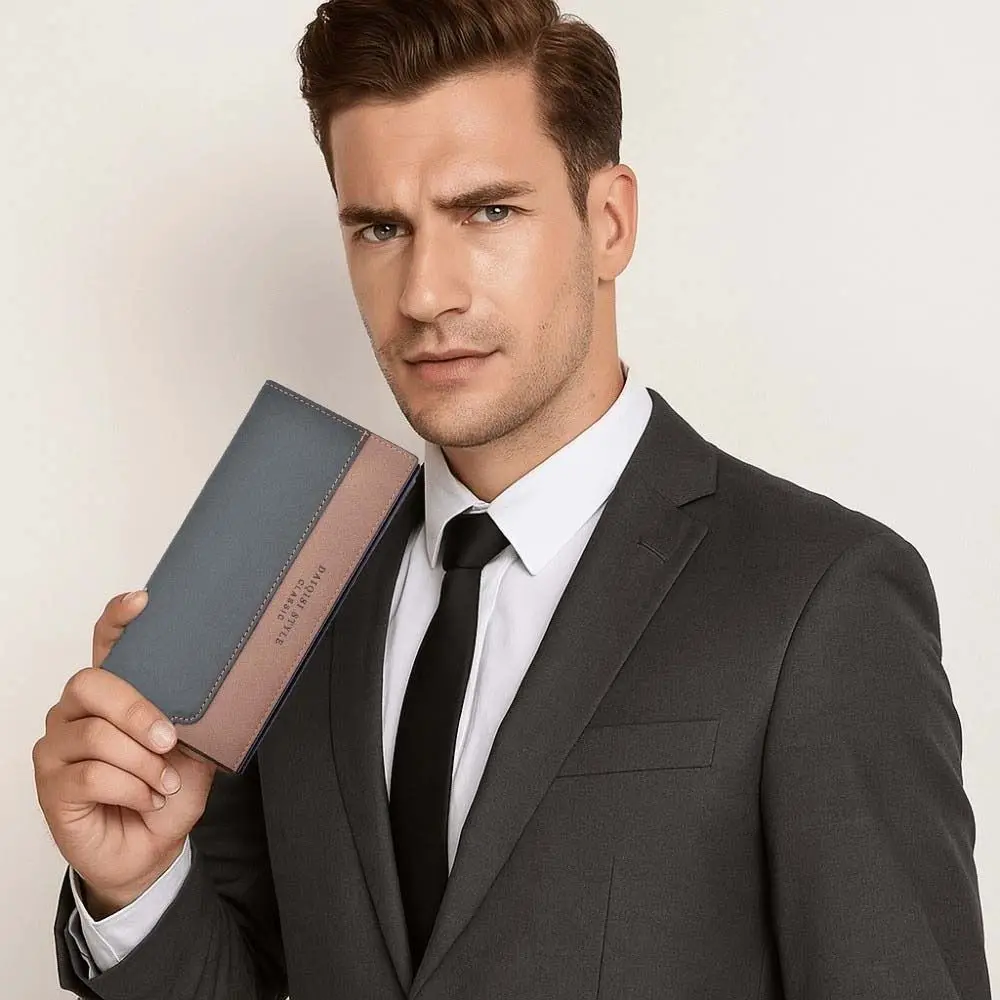 

Sewn Large Capacity Long Suit Wallet Anti-lost Coffee Men Business Wallet Black Anti-splash Water Contrast Color PU Purse Daily