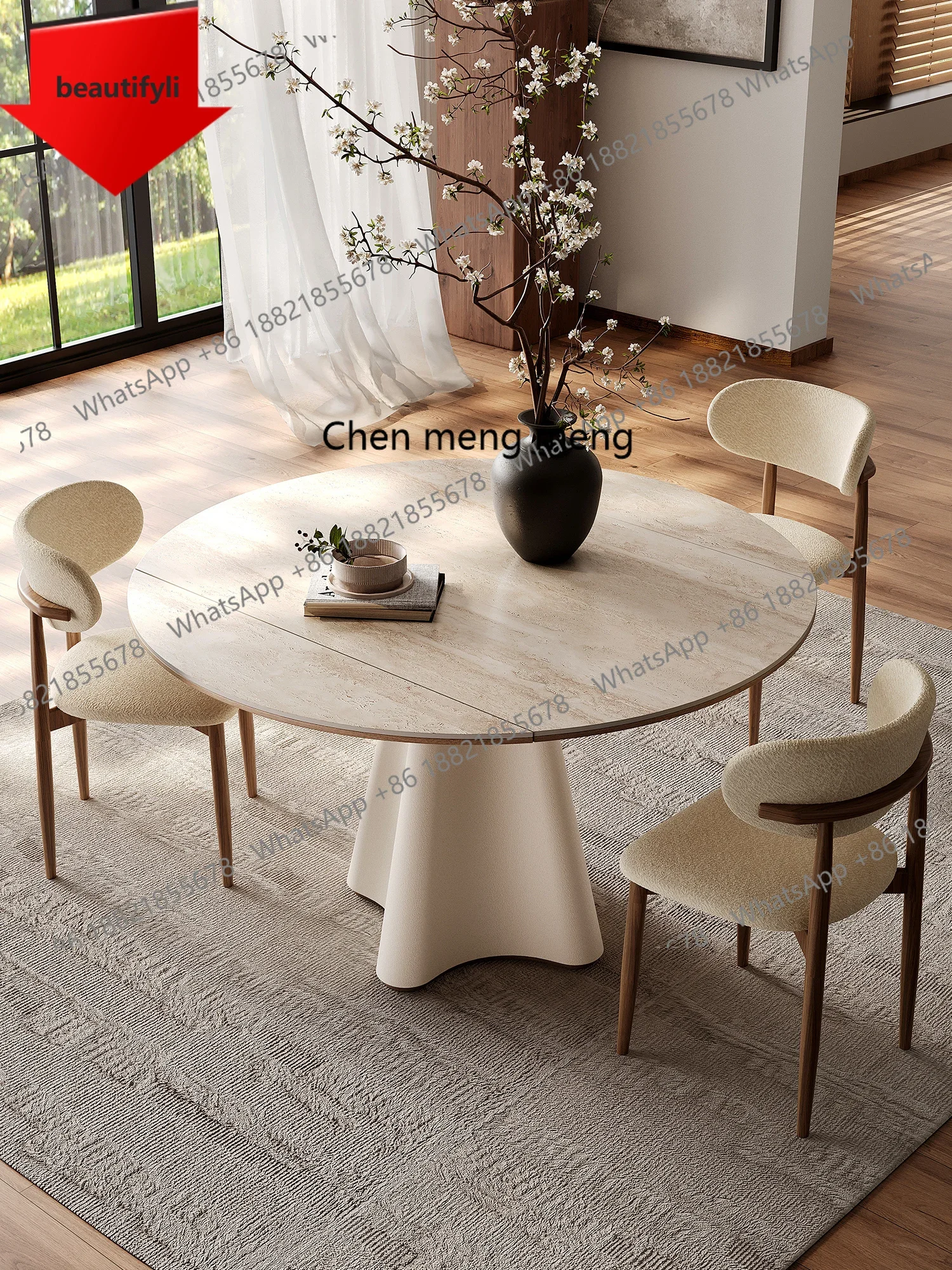 

Q181 French rock slab dining table variable round household solid wood dining table cream style dining table simple