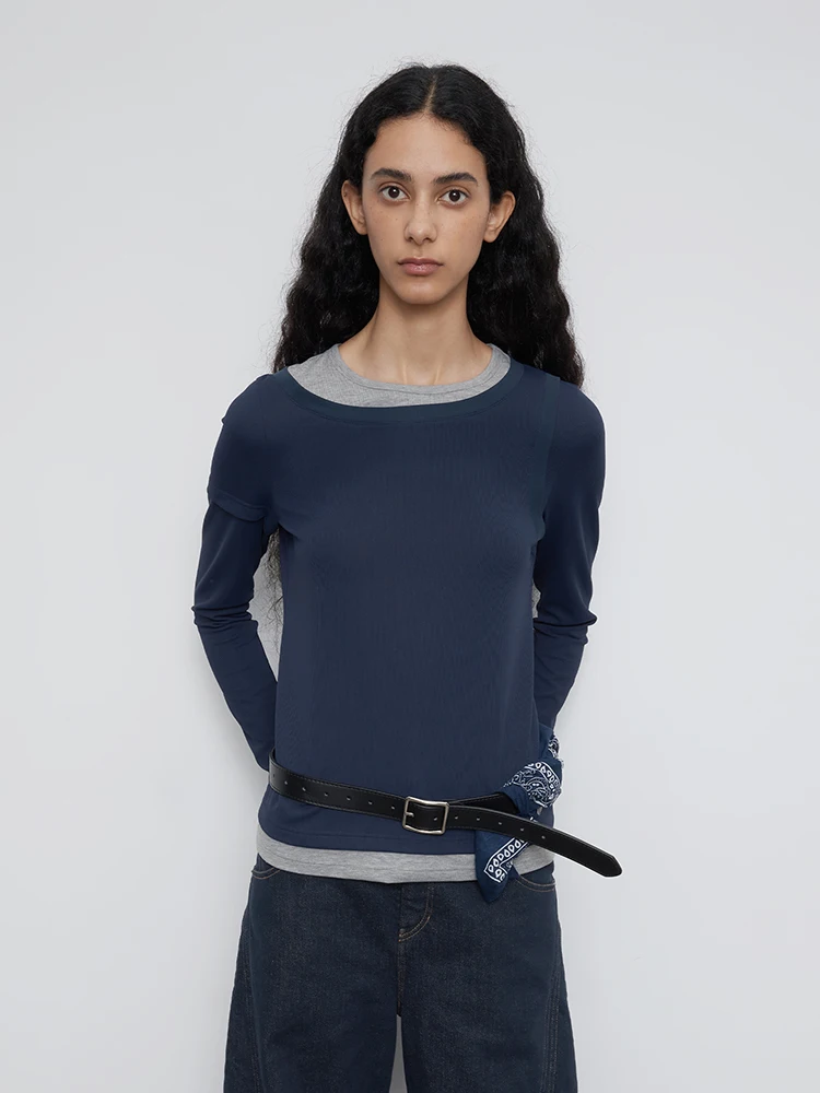 

Original Asymmetrical Long Sve Women's T-irt Casual Loose Fit Color Blo Design Polyester Fabric Autumn Collection