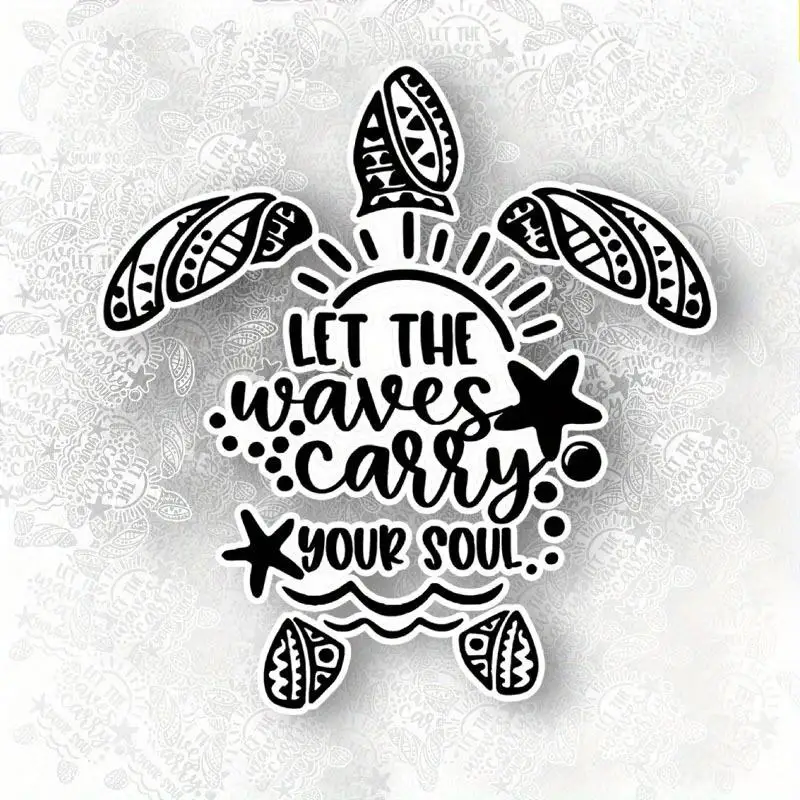1 Piece - Turtle Sticker with Waves Carrying Your Soul. One-Time Use. For Cars. Durable. Ocean Style. Vinyl Sticker.