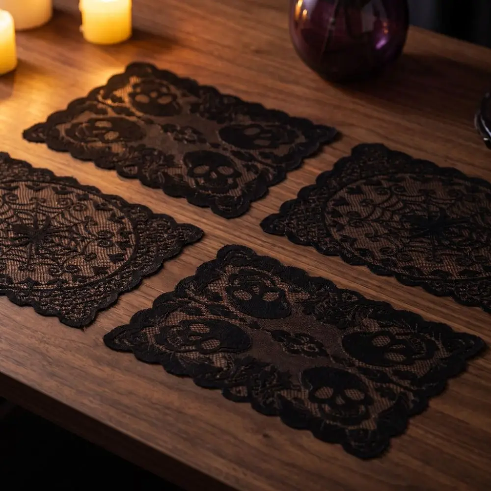 Durable Gothic Style Halloween Placemats Skeleton Bat Decoration Dining Mat Coaster Spider Web Table Napkins Halloween Party