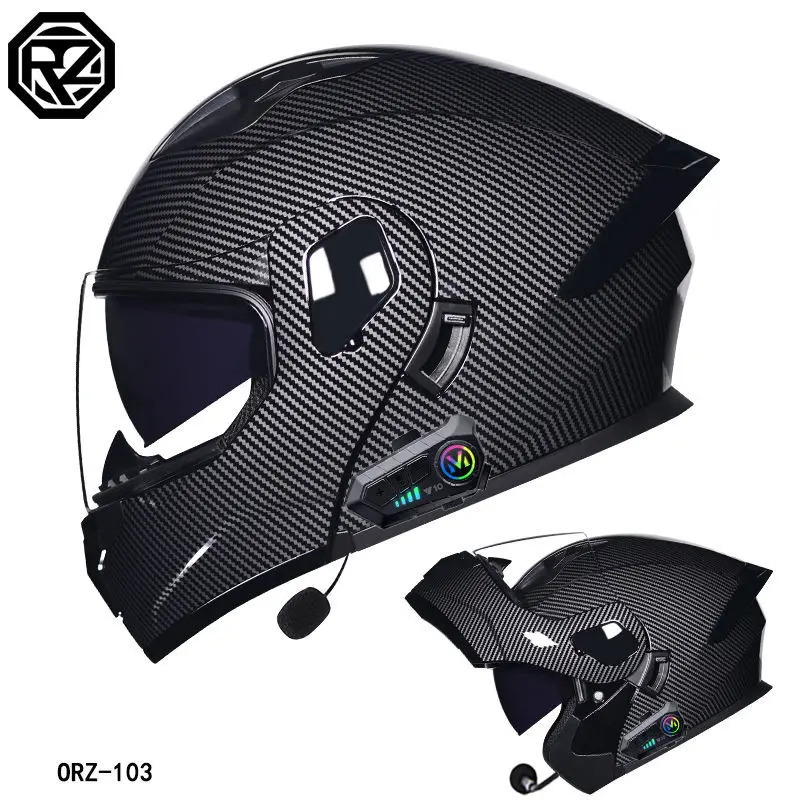 ORZ Motorcycle Flip Up Helmet Double Lens Full-face Helmet Men’s and Women’s Bluetooth Helmet Four Seasons DOT Certification