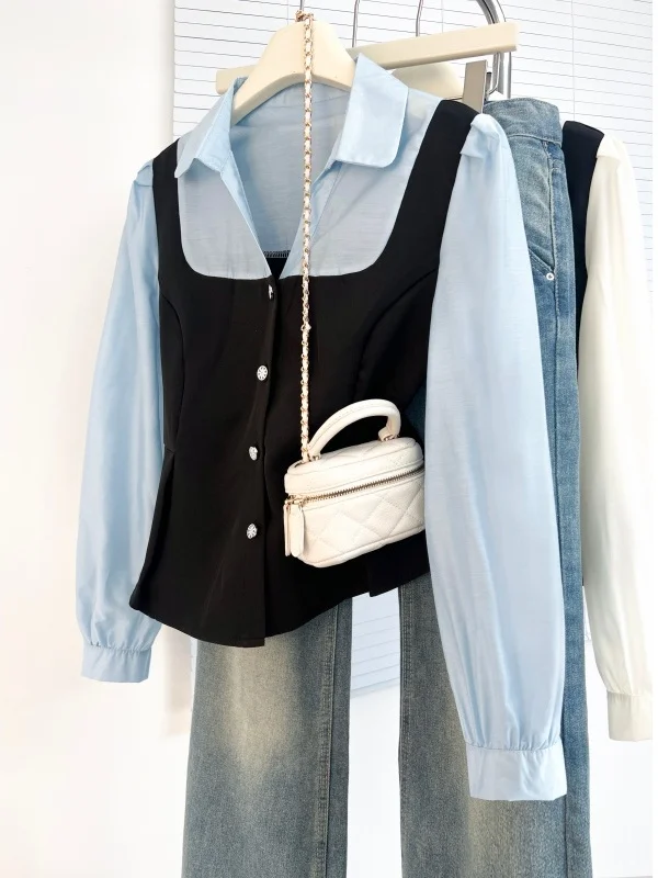

Light Blue Long Sleeve Shirt Women's Spring New Style Small Fragrance Style Shoulder Lengthened Korean Loose Fit Office Wear