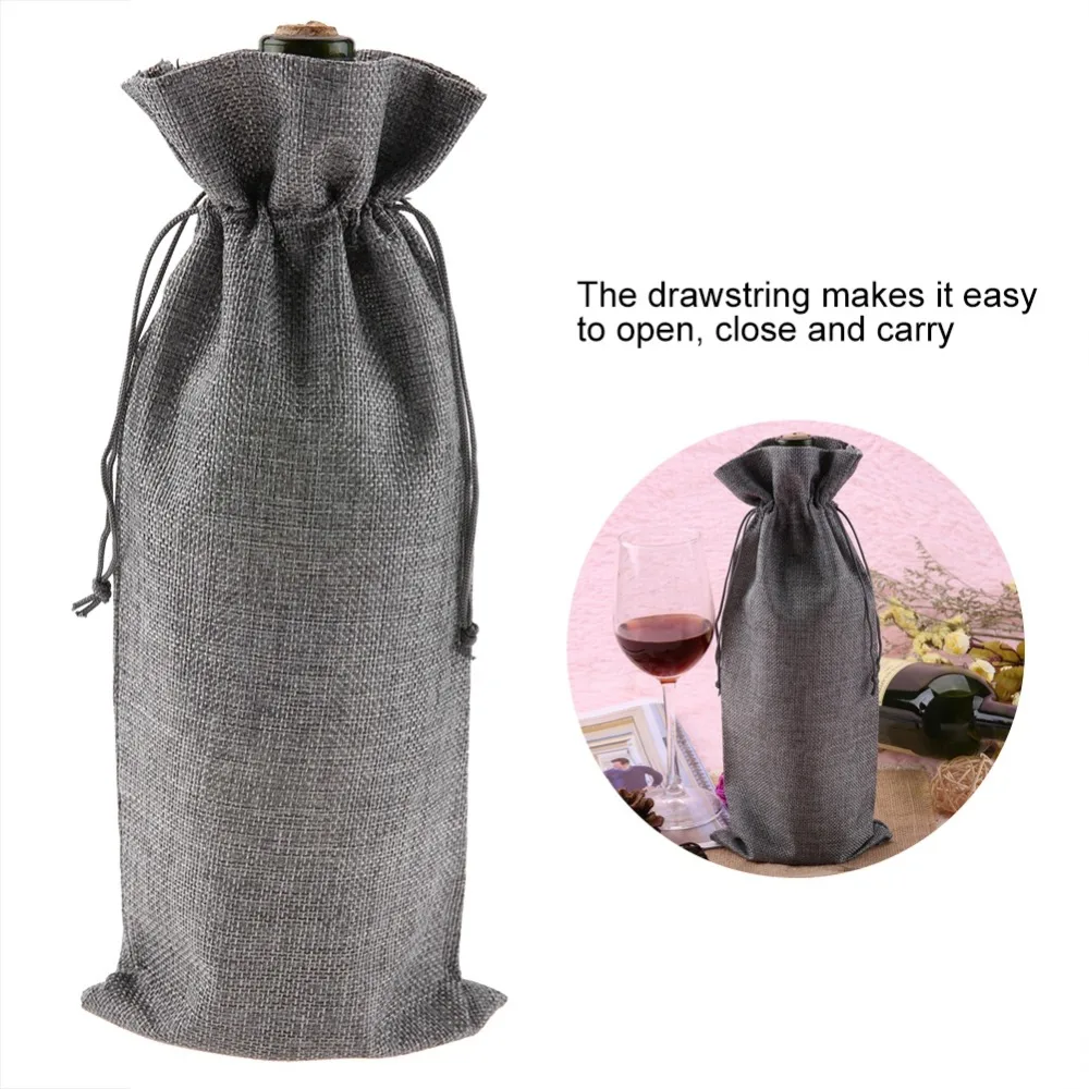 12pcs Reusable Drawstring Closure Linen Fabric Wine Bag Grey Linen Burlap Wine Bag Wine Bottle Gift Bag Wedding Favors