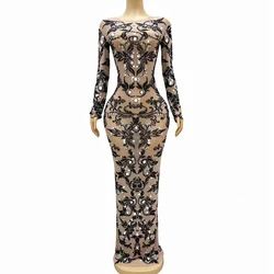 Women Sexy Stage Black Silver Rhinestones Dress Transparent Mesh Performance Outfit Birthday Party Photoshoot Collections