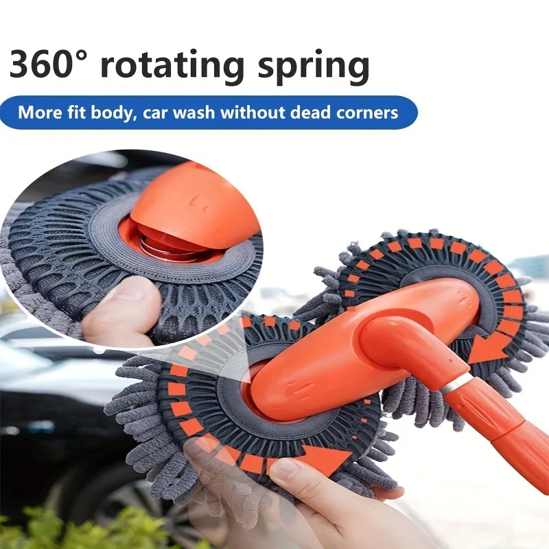 Car Washer Mop Double Brush Head Stretching Handle Foam Washing Chenille Broom 360 Rotation Telescoping Long Handle Cleaning Mop