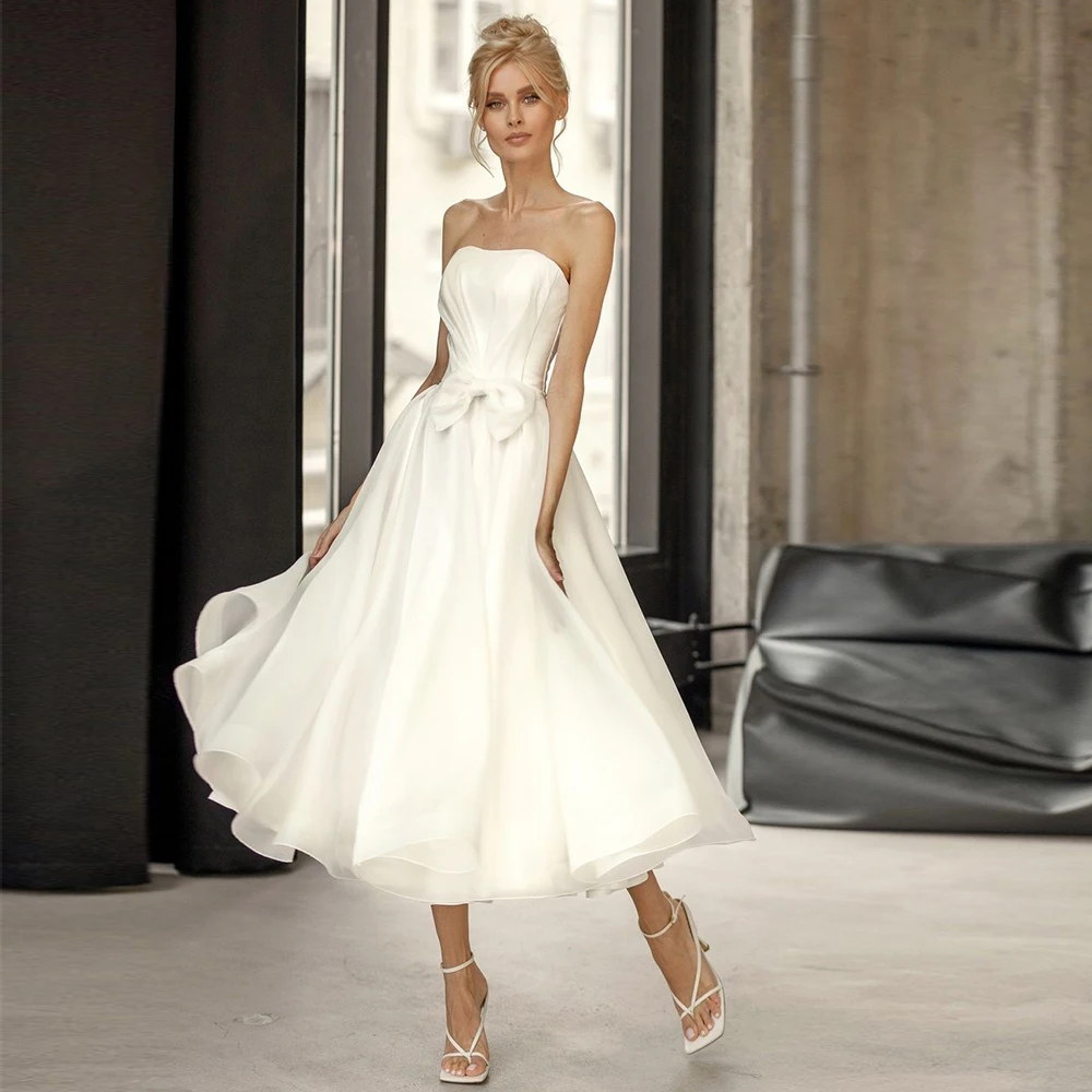 

Short Bridal Dress Strapless Pleated Bow Simple Tea Length Wedding Dress A Line Lace Up Backless Elegant Midi Wedding Gown 2022