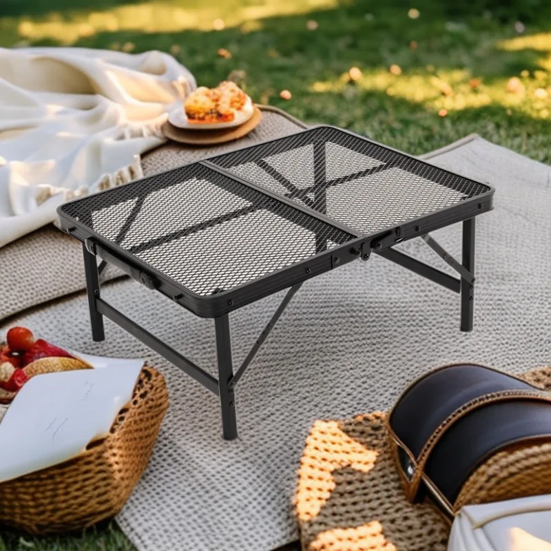 

Outdoor Folding Handheld Portable Iron Mesh Camping Storage Rack Barbecue Picnic Table Sturdy Durable Foldable Garden Furniture