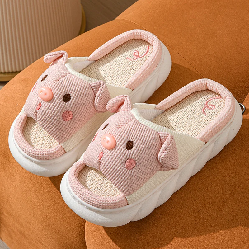 Cute Animal Odorless EVA Linen Slipper for Women Designer Lovely Dog Autumn Cartoon Home Shoes Slides Thick Sole Couples Sandals