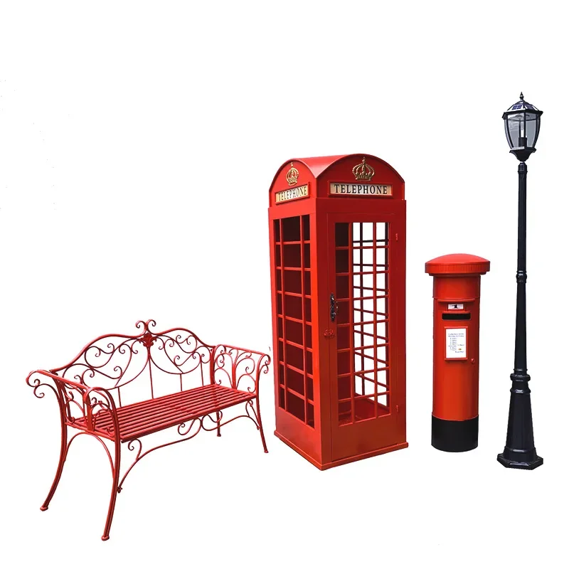 

European retro red phone booth large floor combination soft decoration props industrial wind wrought iron decorative ornament