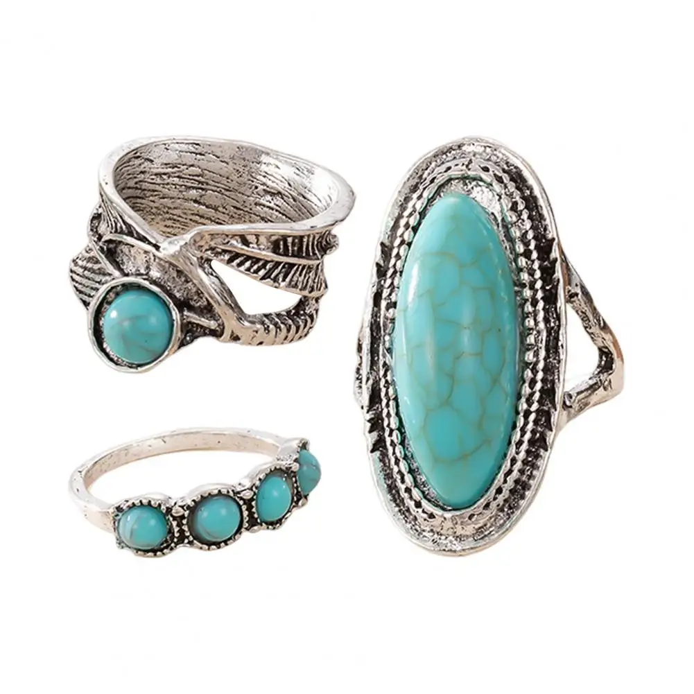 Rust-free Alloy Ring 3pcs Women Finger Ring Set Bohemian Style Wide Band Jewelry Irregular Faux Turquoise Decor Accessories Gift