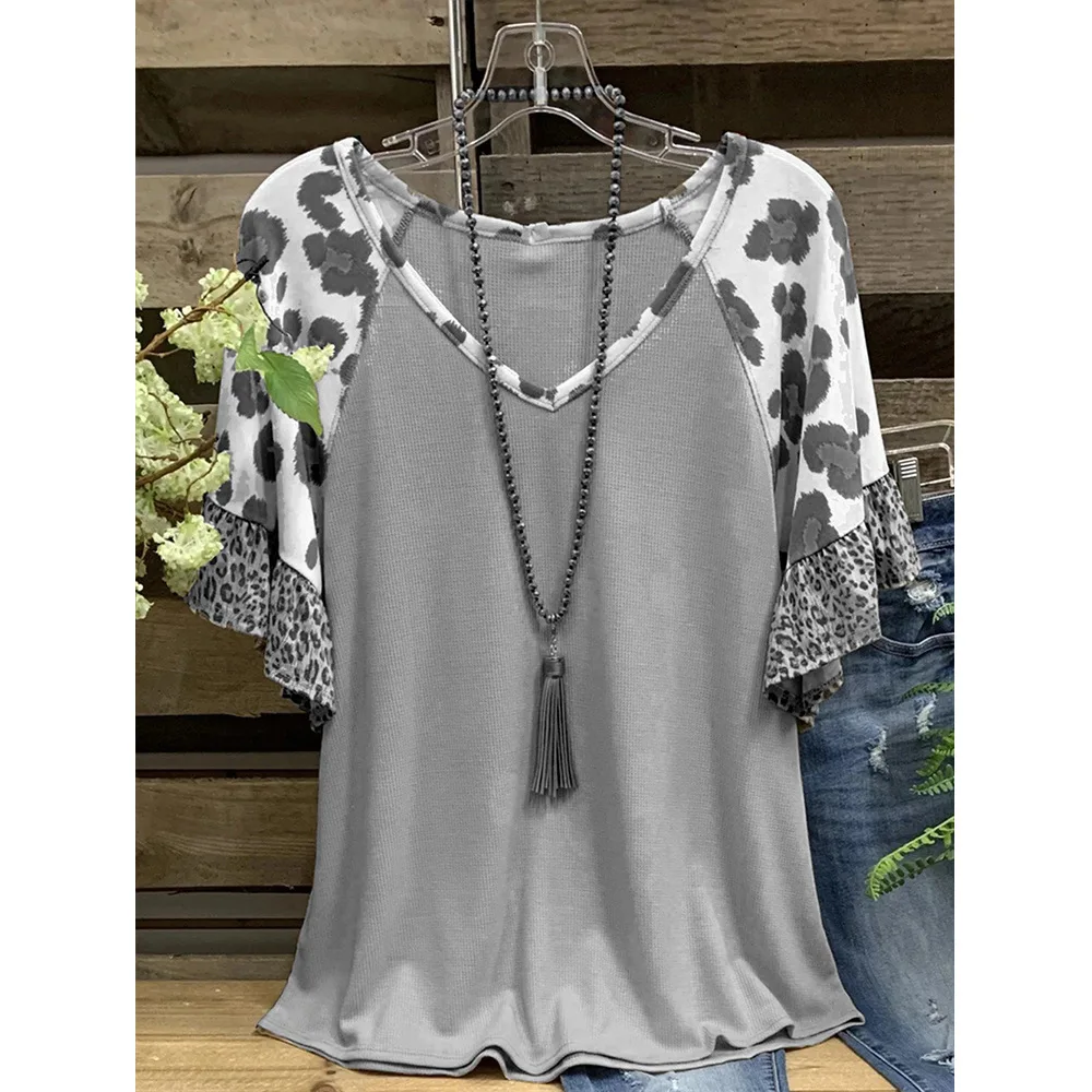 New Women Grey T-shirts V-neck Solid Print Patchwork Sleeves Fashion Lotus Leaf Sleeve Ladies Sexy Tops