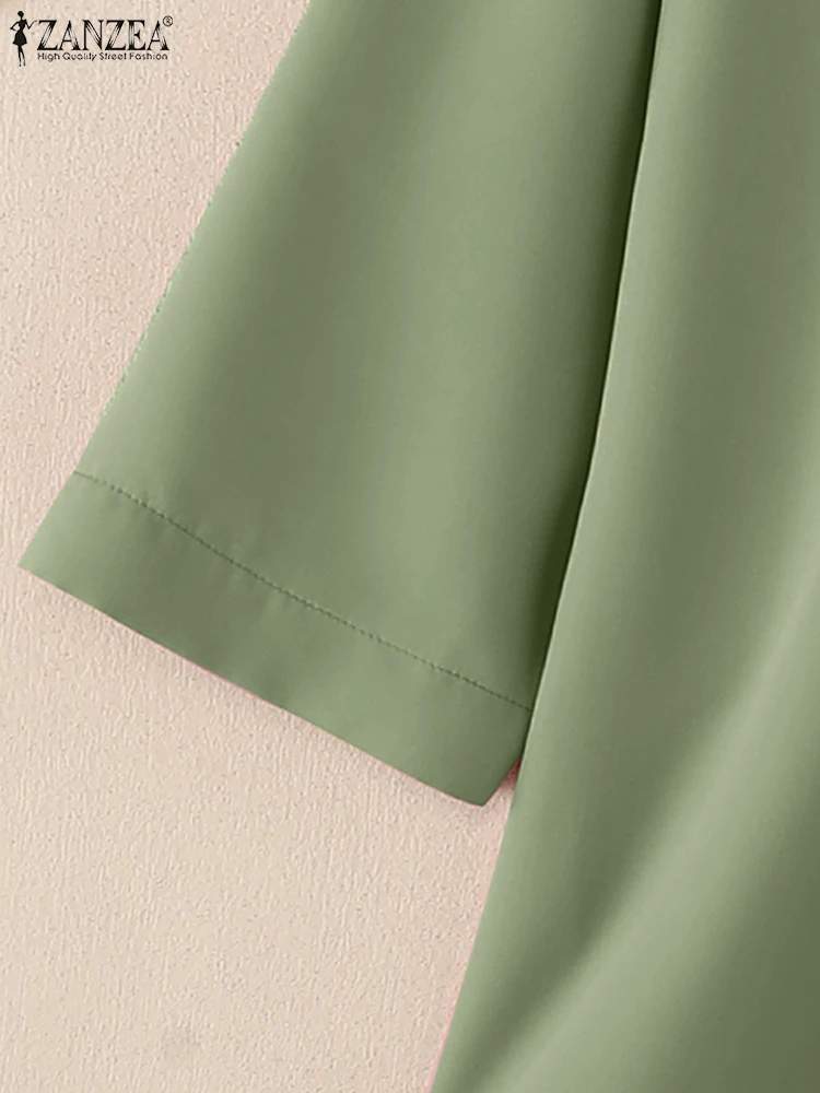 ZANZEA Womens Casual Blouses 2025 Spring Fall Round Neck Three Quarter Sleeves Blusas Mujer Day Wear Solid Color Chemise Femme