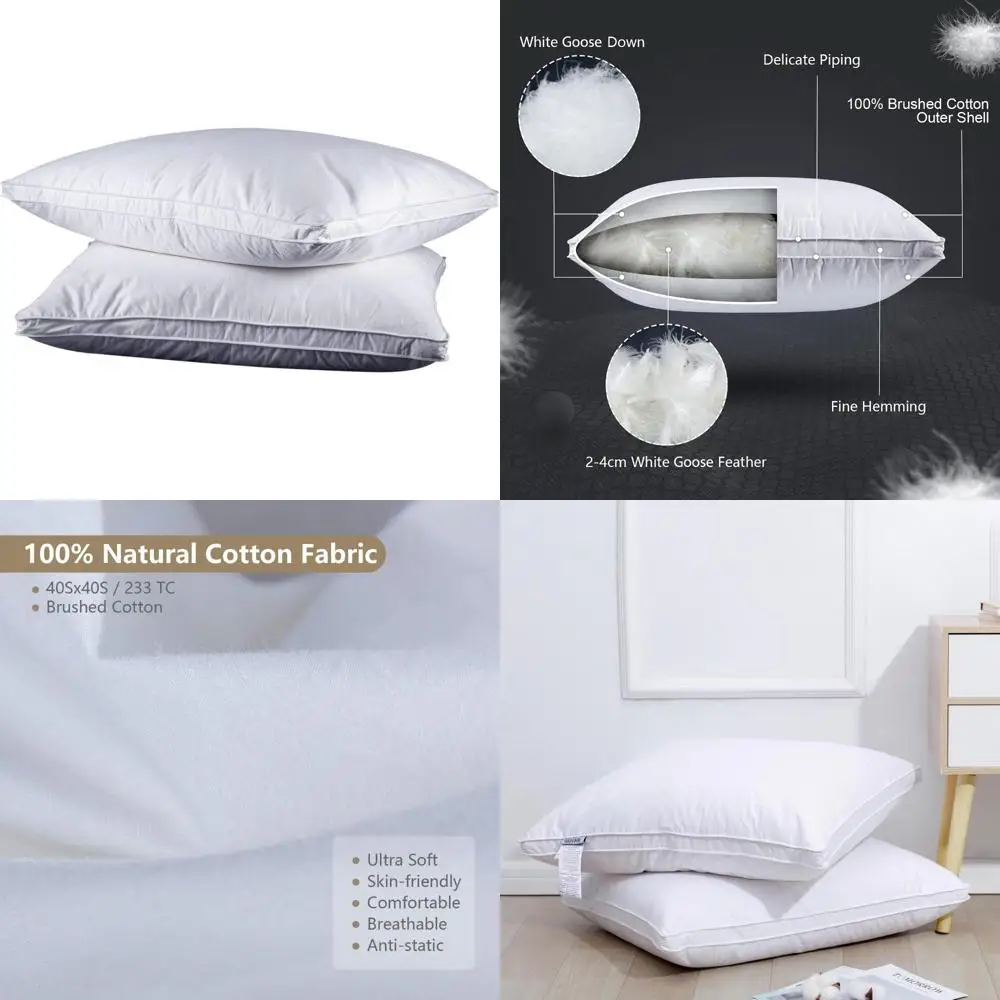 

King Size White Goose Down Feather Pillows, 2-Pack, 20x36 inches, 100% Cotton Cover