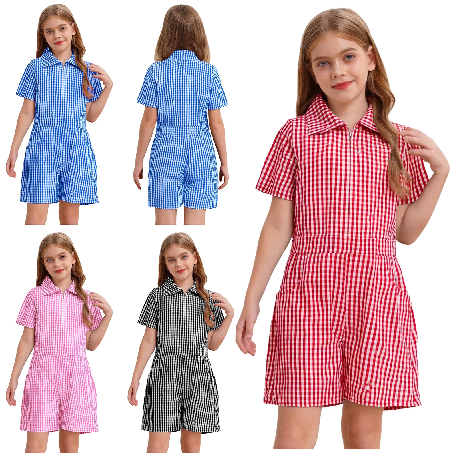 Uniforme scolastica per bambina, tutina casual scozzese, colletto rovesciato, manica corta, cerniera frontale, tuta con tasche per la festa quotidiana