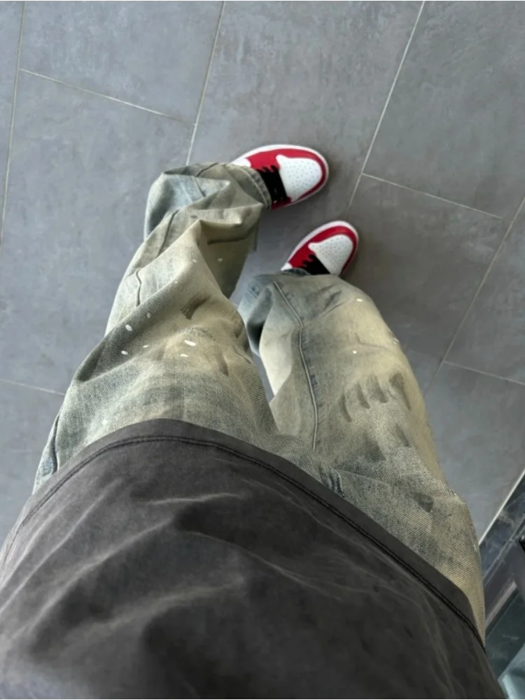 

Мужские джинсы с прямыми штанинами Waed Distred Ink Splatter Design, осень-зима, американская уличная атмосфера, утягивающие микро-клеш...