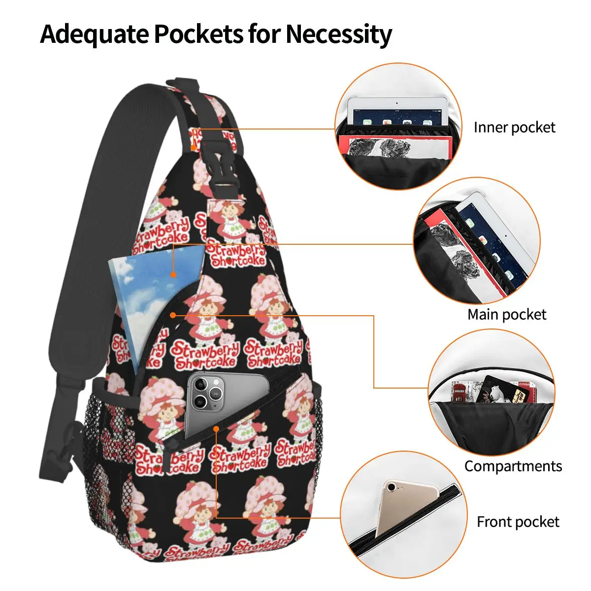 Sweet Strawberry Character Art Chest Bag Men Sling Crossbody Backpack Chest Bag Traveling Hiking Daypack Shoulder Bag