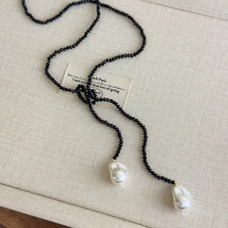 Minar Classic Irregular Baroque Pearl Black Color Crystal Beads Beaded Necklace for Women Adjustable Strand Long Sweater Chain
