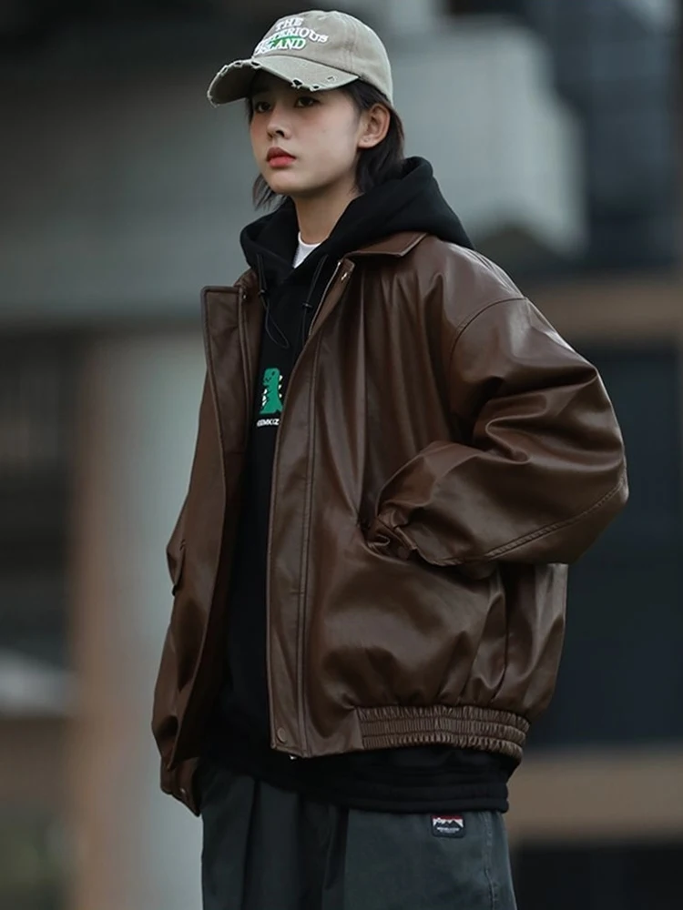 

Cool Leather Jacket Women's Stylish Brown American Retro Biker Coat Spring Autumn Winter Fashionable Outerwear Standard Fit