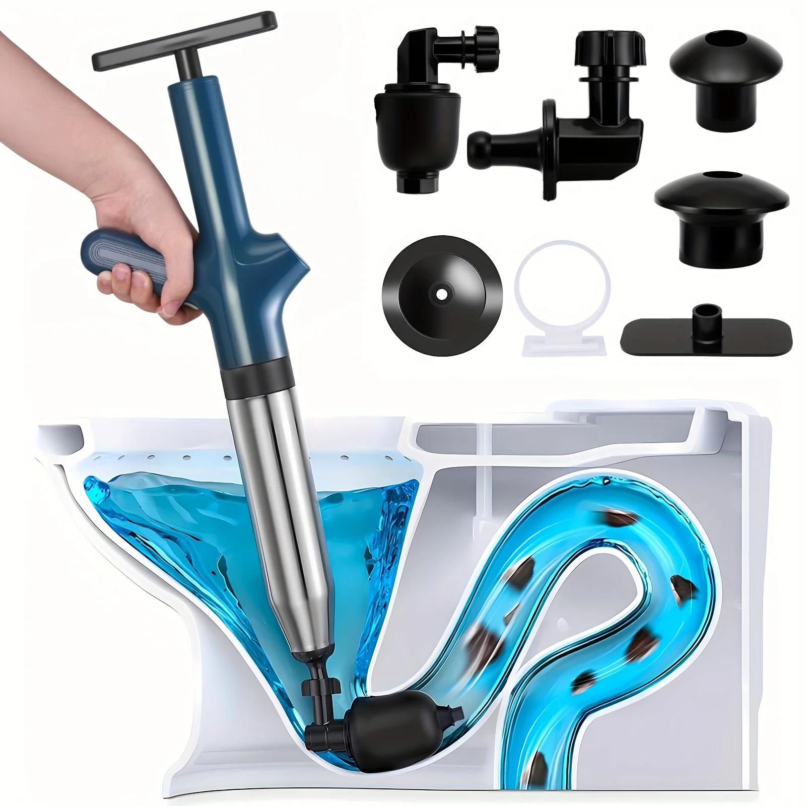 

HeavyDuty Air Toilet Drain Snake Set, Shock Wave Tech Stainless Steel Auger, Manual Clog Remover for Home Commercial Sinks Pipes