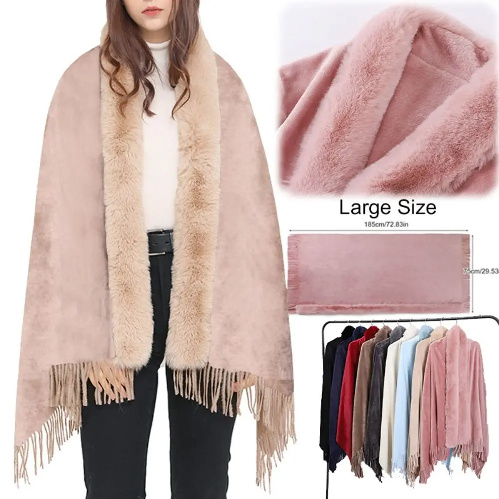 Trendy Thicken Plush Flannel Shawl Tassels Elegant Winter Warm Shawl Fluffy Cape Coat