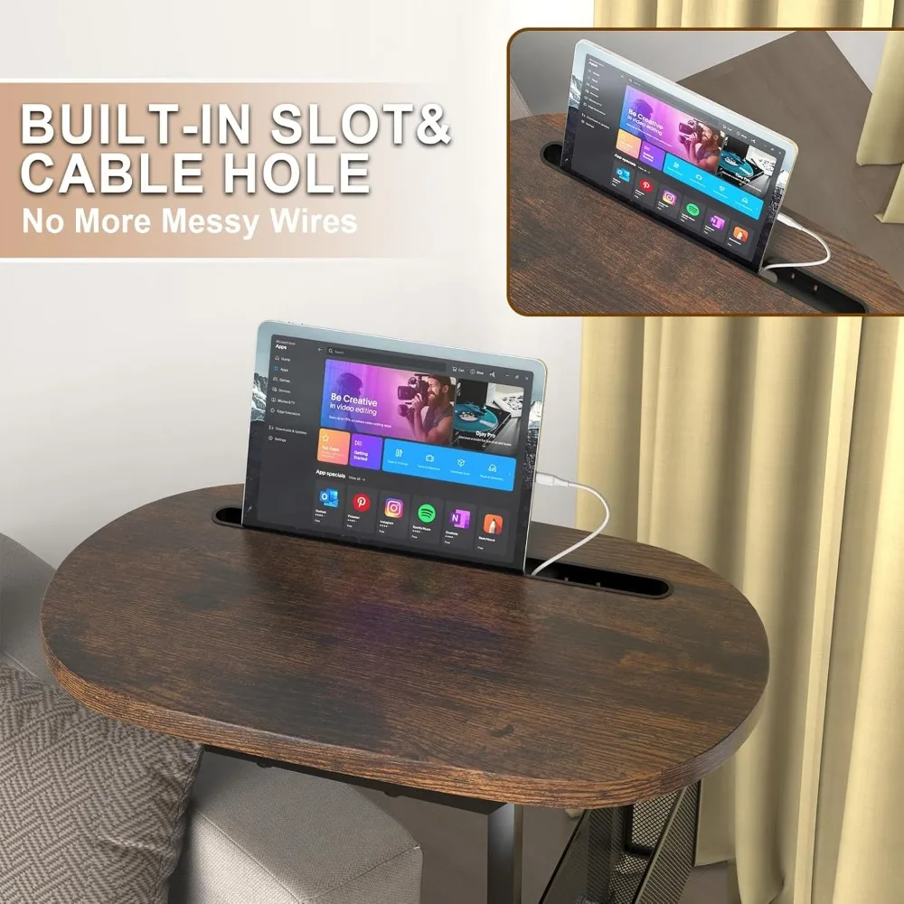 Adjustable Sofa Table with Large Top and Storage, Strong Metal Frame for TV Watching, Meals, Snacks (Oval, Brown)