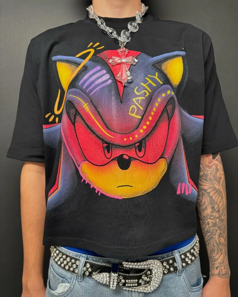 Camiseta de manga curta estampada dos desenhos animados das mulheres, top de algodão Y2K, Harajuku gótico, casal solto Camisa extragrande, nova