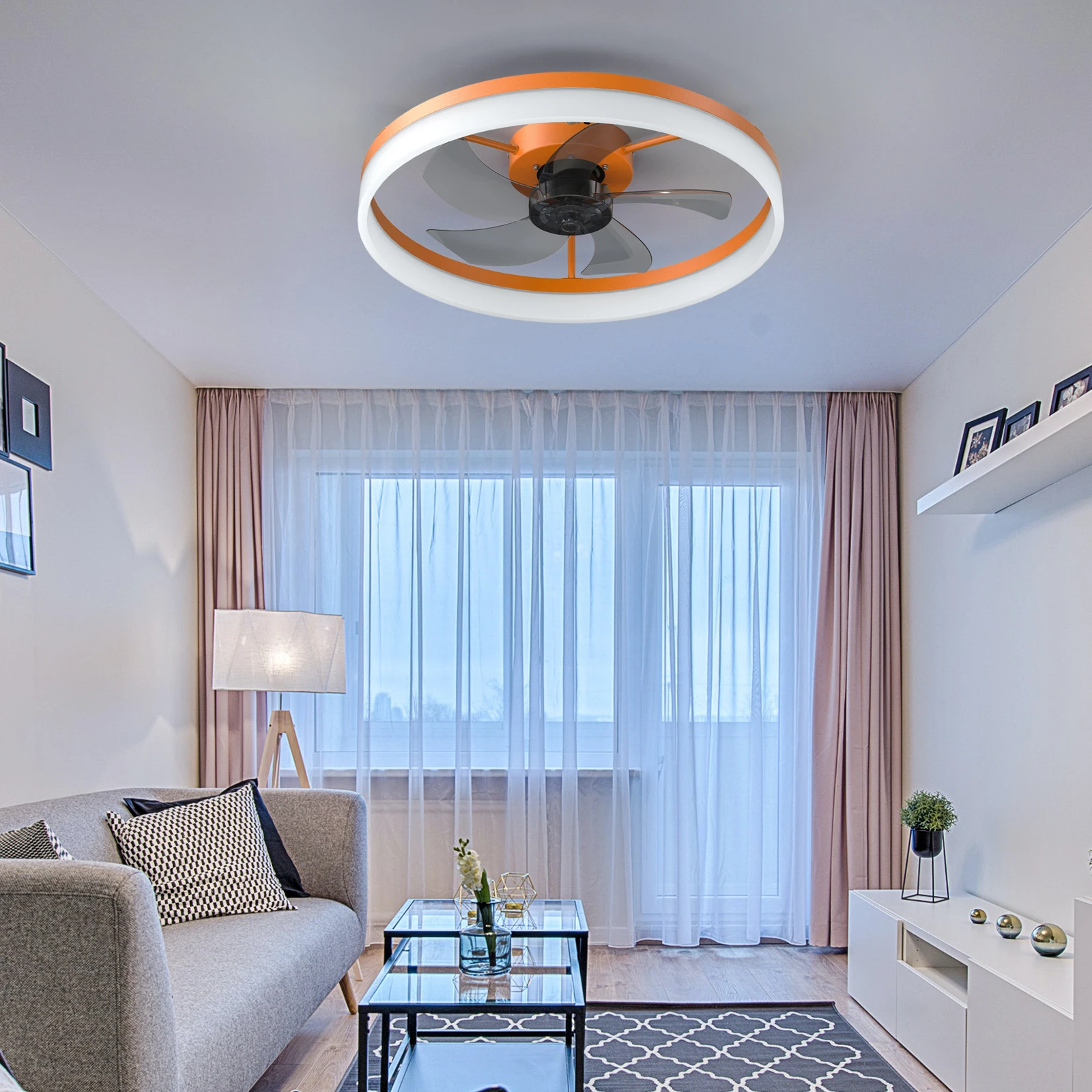 Orange Modern Ceiling Fan with LED Light, Low-Profile Flush Mount,6-Speed Adjustable, Ideal for Bedroom and Living Room