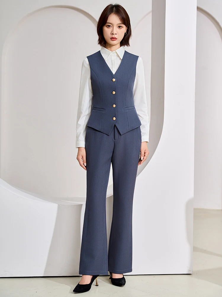 Gray Slim Fit Women's Vest Top Workwear Fashionable Professional Shirt Set Commute Style Polyester Fiber V-Neck Single Button