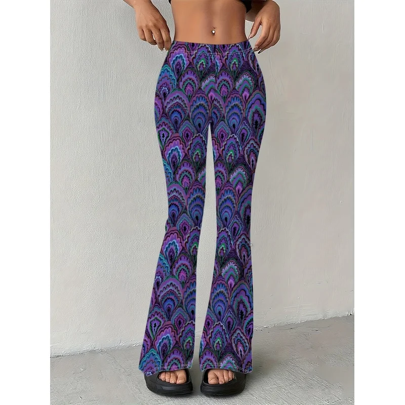 Retro peacock print flared pants, suitable for 7-16 year old teenagers' casual wear