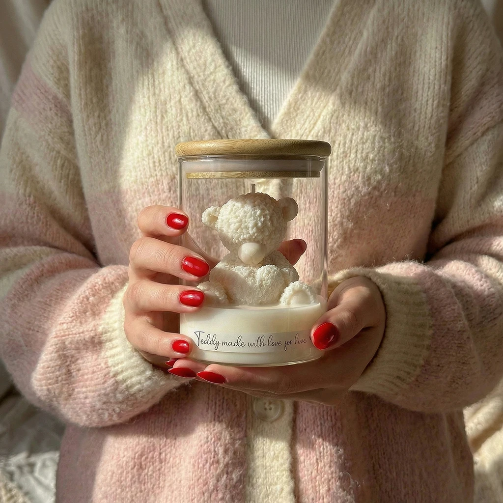 Cute Teddy Bear Scented Candle Glass Jar Soy Wax Aromatherapy Valentine's Day Gift for Girlfriend Wedding Favors Party Souvenir