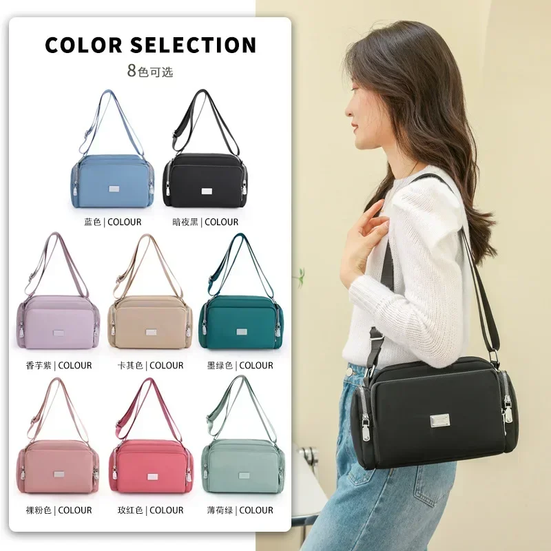 Korean Style Crossbody Bag for Women Waterproof Solid Color Shoulder Bag Messenger Bag Casual Nylon Handbag Large Capacity