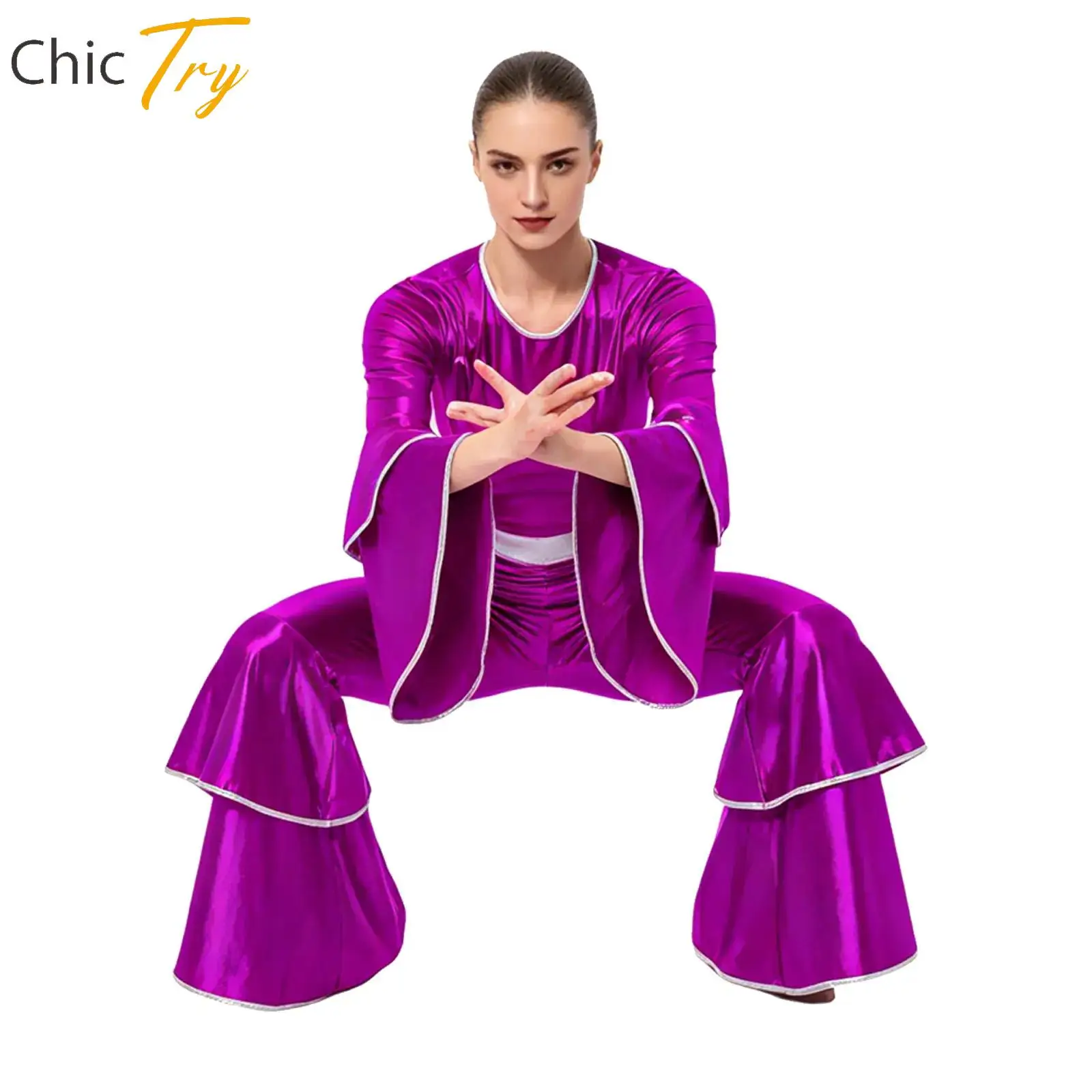 Women Jumpsuit Hippie Dancewear Vintage Metallic Bodysuit 70s Disco Bell Bottom Carnival Rave Party Jazz Dance Costumes Clubwear