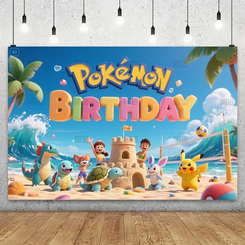 

Disney Pokémon Beach Carnival Backdrop Banner Party Vinyl Sandcastle Volleyball Happy Birthday Photography Background Custom