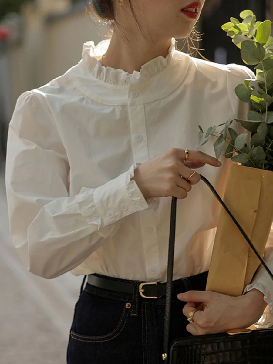 

White Lace Collar Long Sleeve Shirt Women's Autumn Winter New Style Elegant Beautiful Small Top Fashion Commute Loose Fit