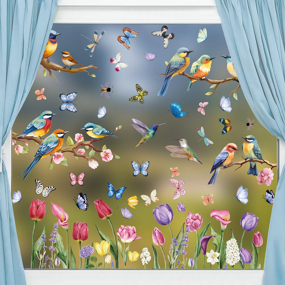 76PCS Spring Summer Window Cling Sticker Watercolor Tulip Flowers Butterfly Floral Patterns Window Sticker For Home Party Supply