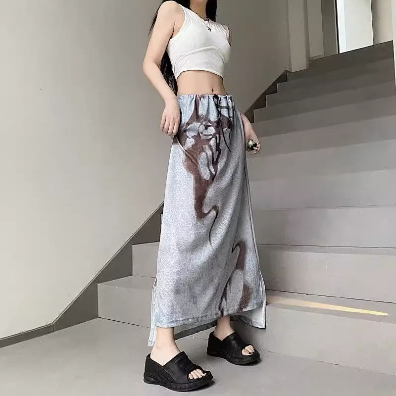 

Повседневные юбки с принтом, женские эстетические юбки с высокой талией и шнурком Y2k ​ Юбка в стиле гранж, летняя винтажная уличная одежда с разрезом Falda