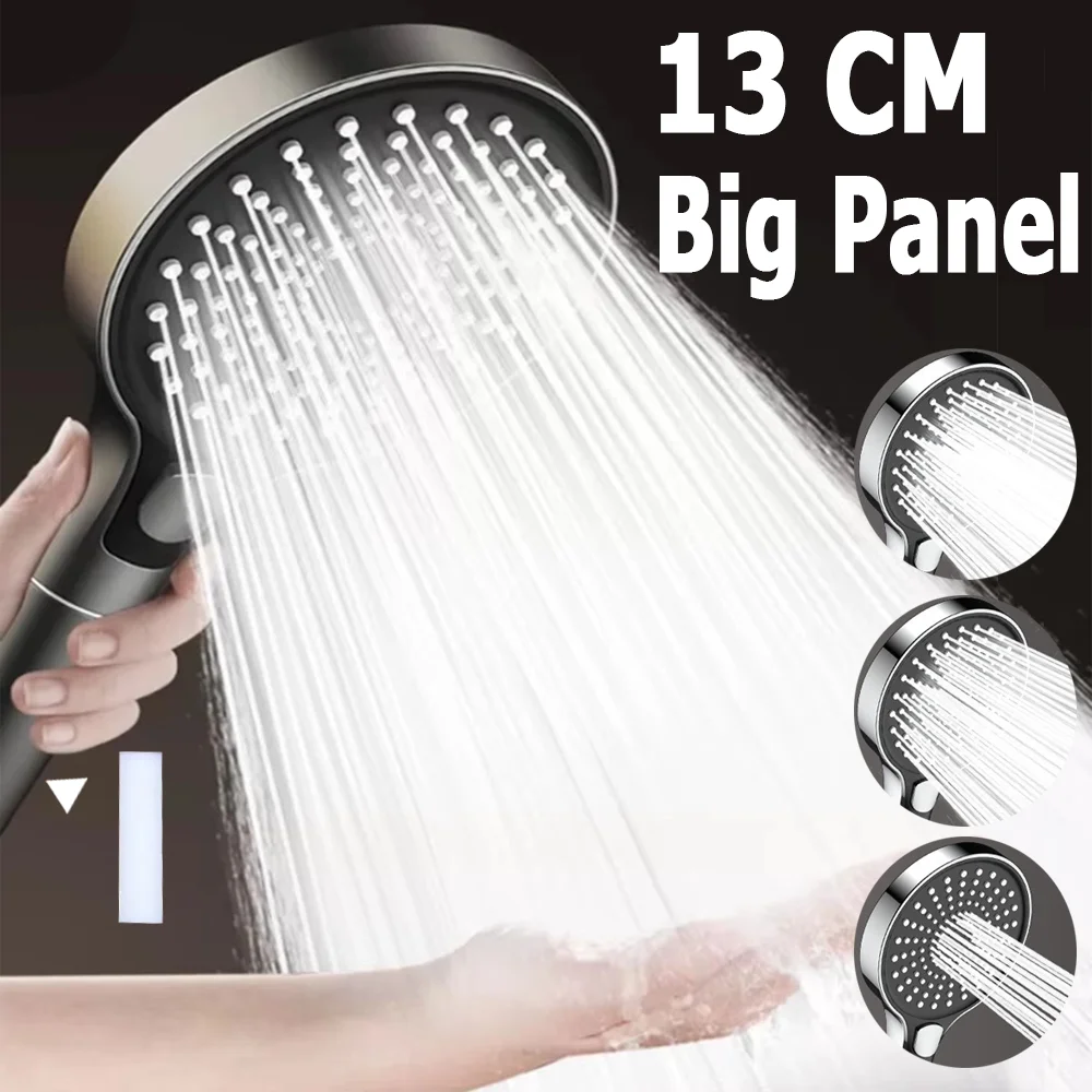 

130MM Big Panel Pressure Boost Shower Head With Filter 3 Modes High Pressure Large Flow Showerhead Faucet Bathroom Accessories