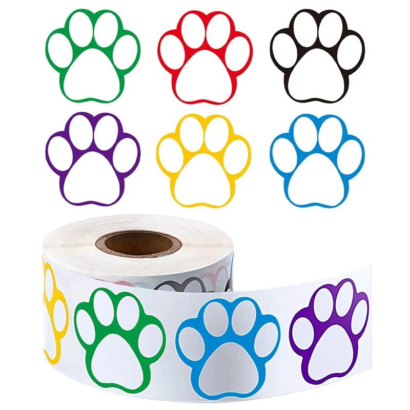 A Roll of 500 Pieces Colorful Paw Stickers Dog Paw Name Tags Labels Stickers Paw Footprint, 1Inch (Mixed Color)