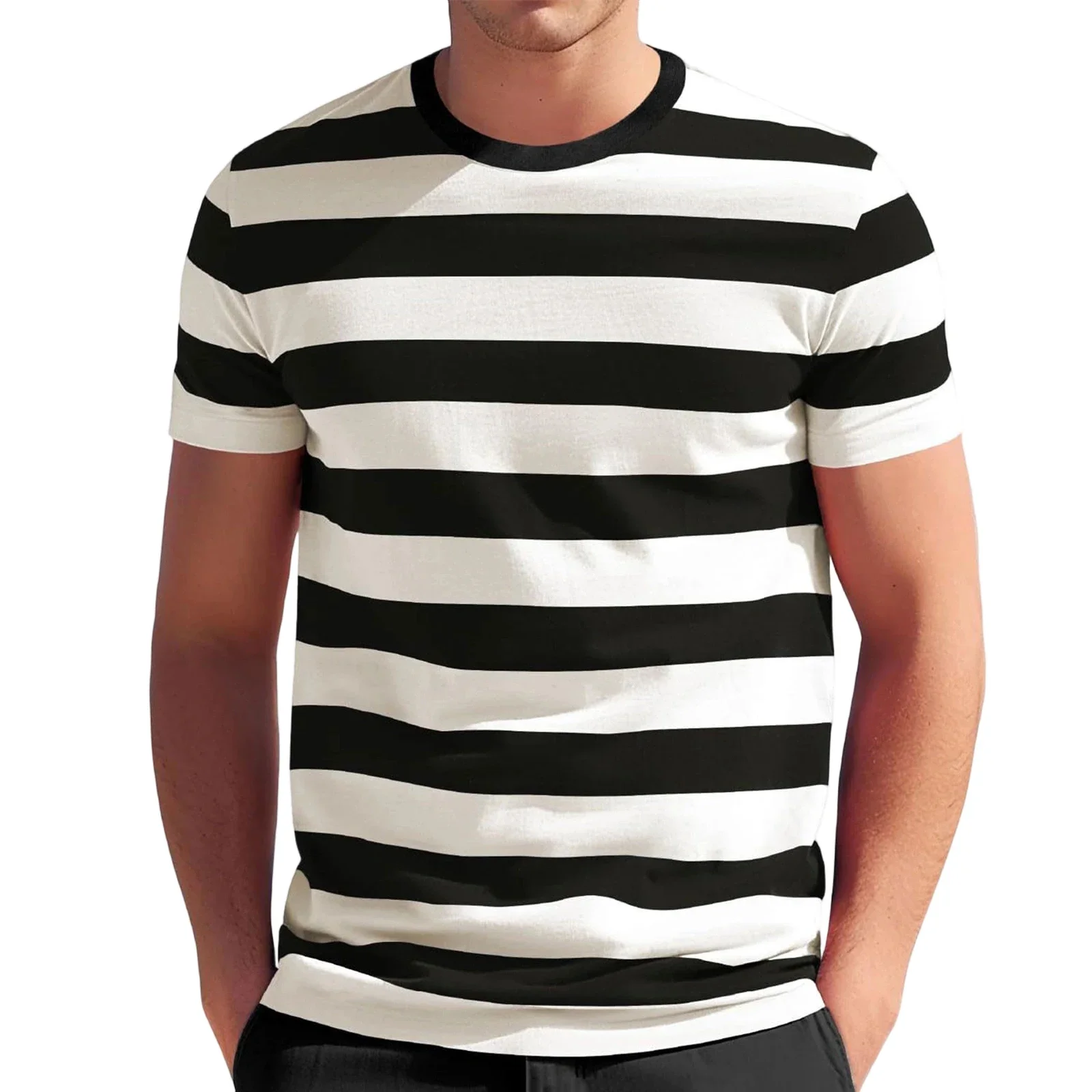 Summer Hot Sale Men's Colorful Striped Printed Short Sleeve Loose Casual Crew Neck T-shirt Breathable Man Streetwear