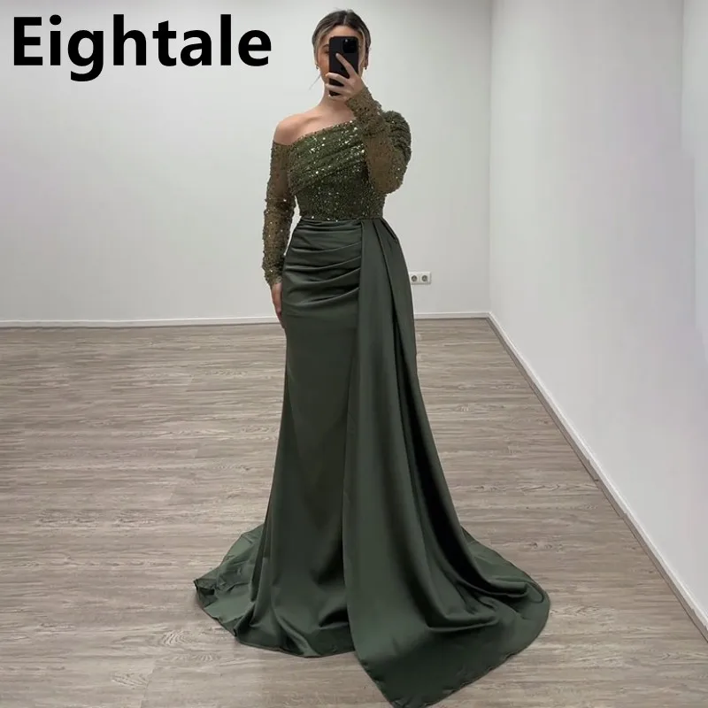 

Eightale Long Sleeve Army Green Evening Dress For Wedding Party One Shoulder Sequin Mermaid Formal Prom Dress Dubai Party Gown