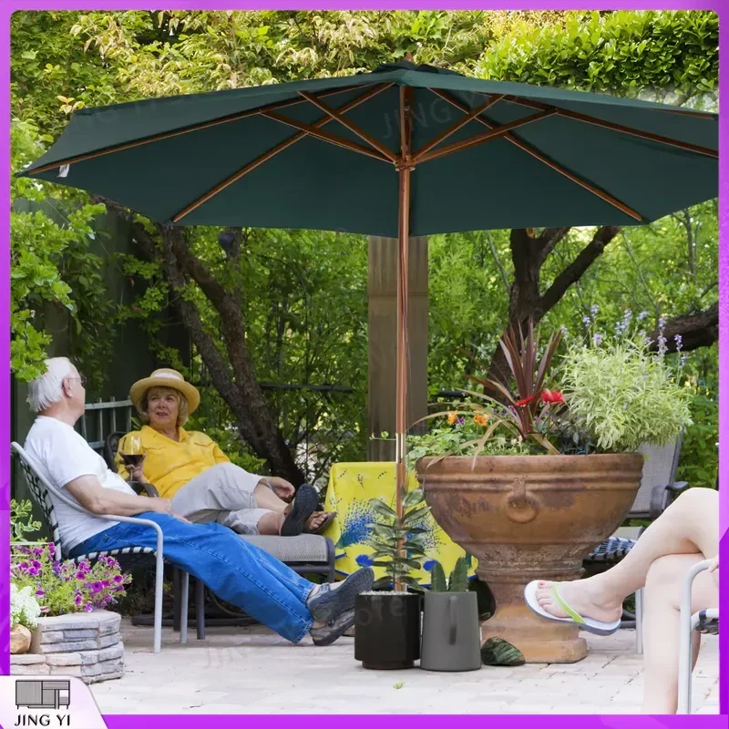 3m Garden Parasol Pulley Operated Patio Umbrella Wooden Table Market Umbrella with Rope Pulley Mechanism 8 Ribs UV