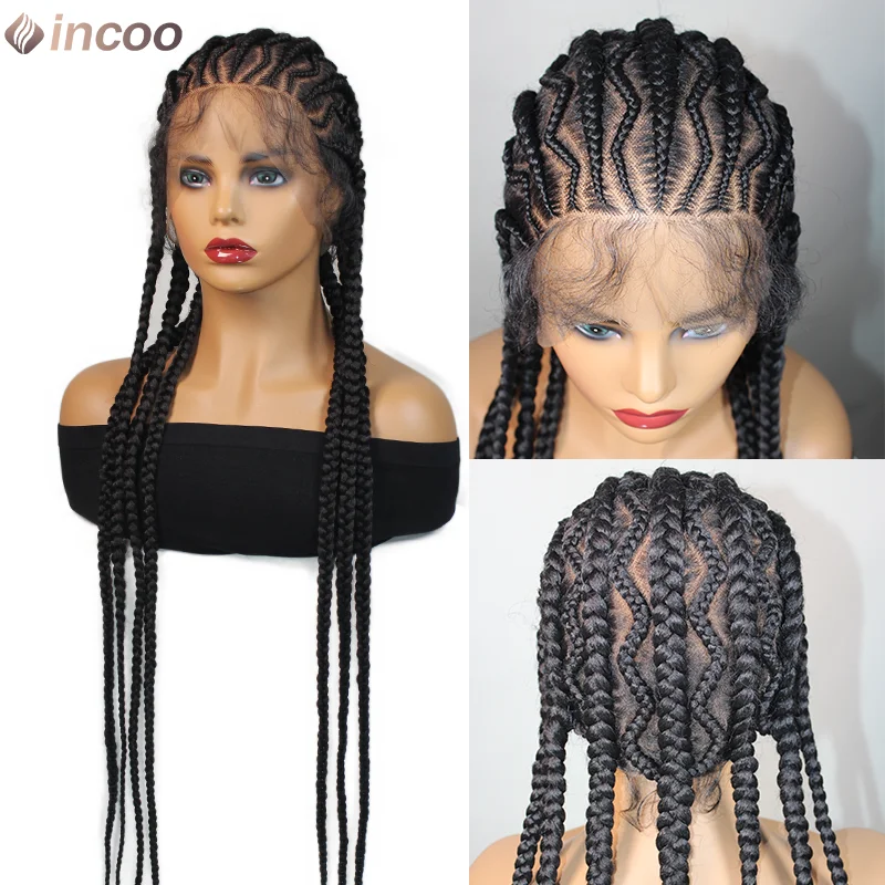 Wig Kepang Cornrow Sintetis 36 Inci Wig Kepang Depan Renda Penuh Bagian Samping untuk Wanita Kulit Hitam Rambut Kepang Kotak Tanpa Simpul Mudah untuk Kami