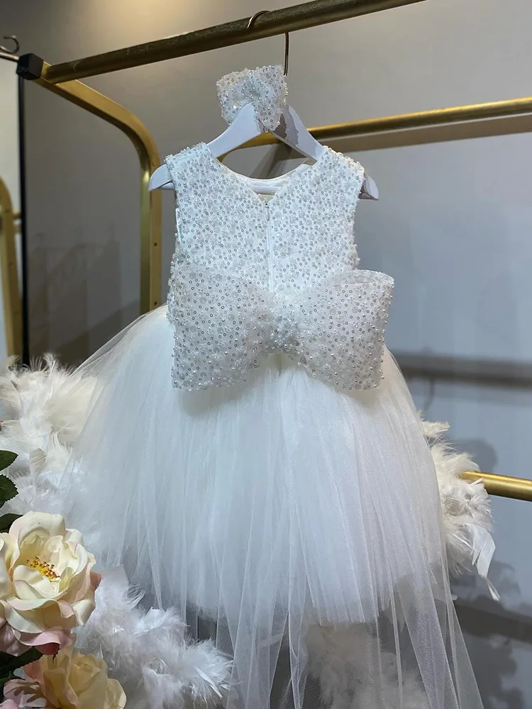 Precioso vestido de lentejuelas brillantes para niños, perla, pluma, princesa blanca, boda, niña de las flores, bebé, fiesta de cumpleaños, vestido de cola